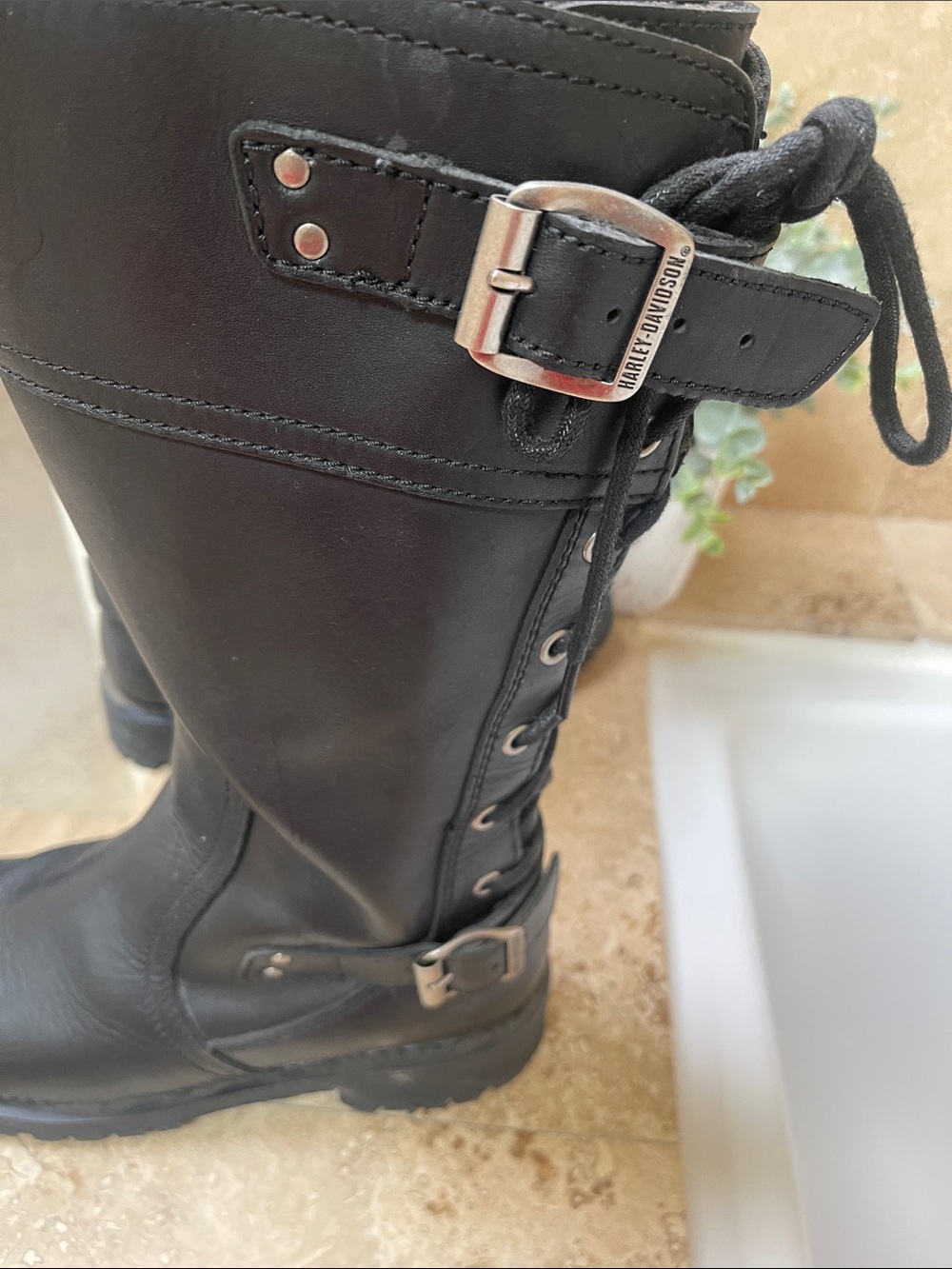 Harley-Davidson Black Leather Lace-Up Moto Boots with Buckle - Picture 3 of 6